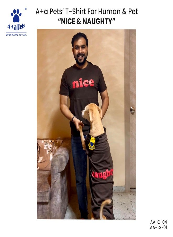 A+a Pets تيشيرت فاخر مطبوع عليه رسومات من A+a Pets، مناسب للبشر (للجنسين) "لطيف" وللحيوانات الأليفة (كلاب وقطط) "مشاغب" | أزياء بأكمام نصفية ورقبة دائرية | قطن (للبشر - XS، للحيوانات الأليفة - 6XL، بني H وبني P) - Image 2